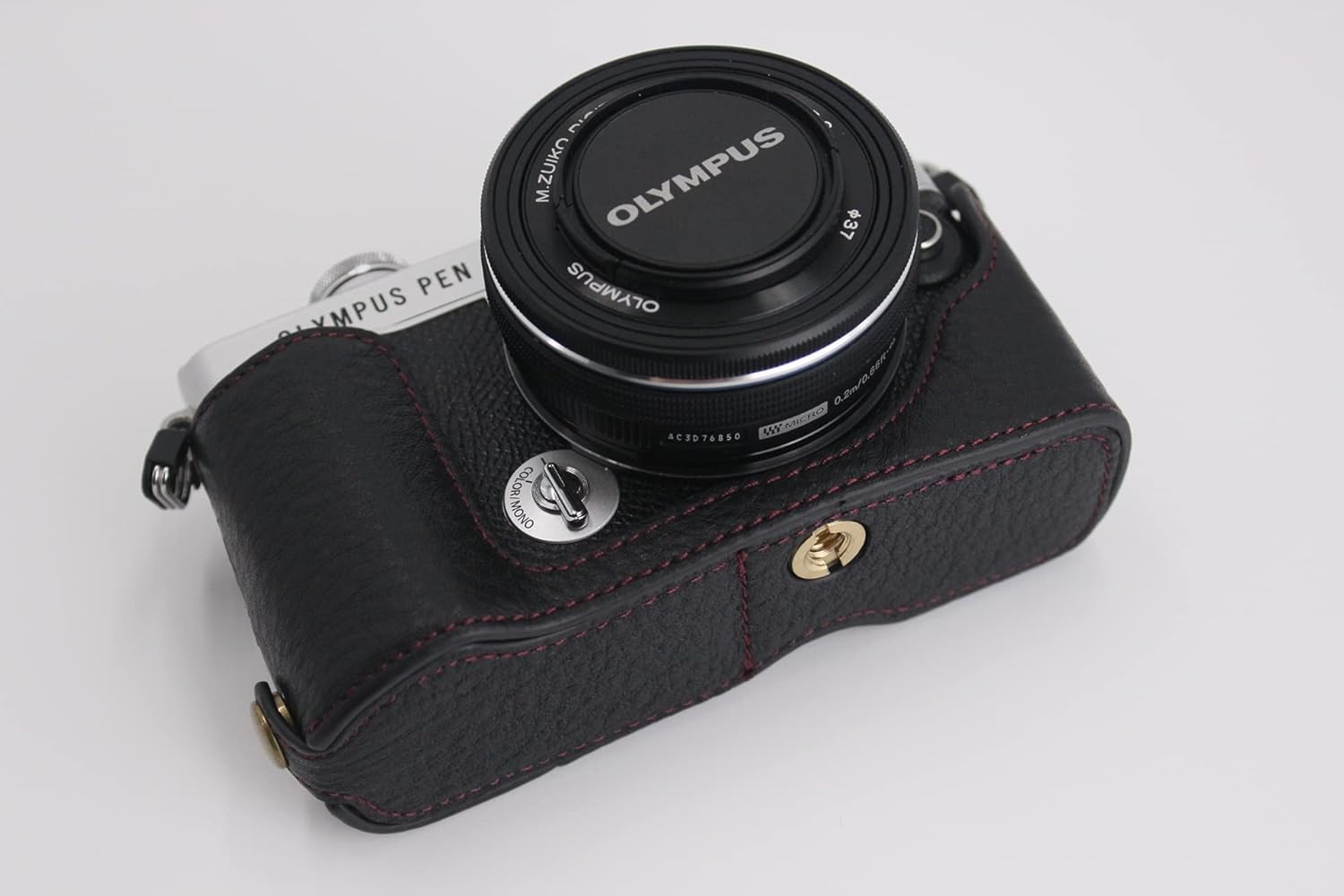 E-P7 Case, BolinUS Handmade Genuine Real Leather Half Camera Case Bag Cover for Olympus Pen E-P7 EP7 Bottom Opening Version + Hand Strap (Black)