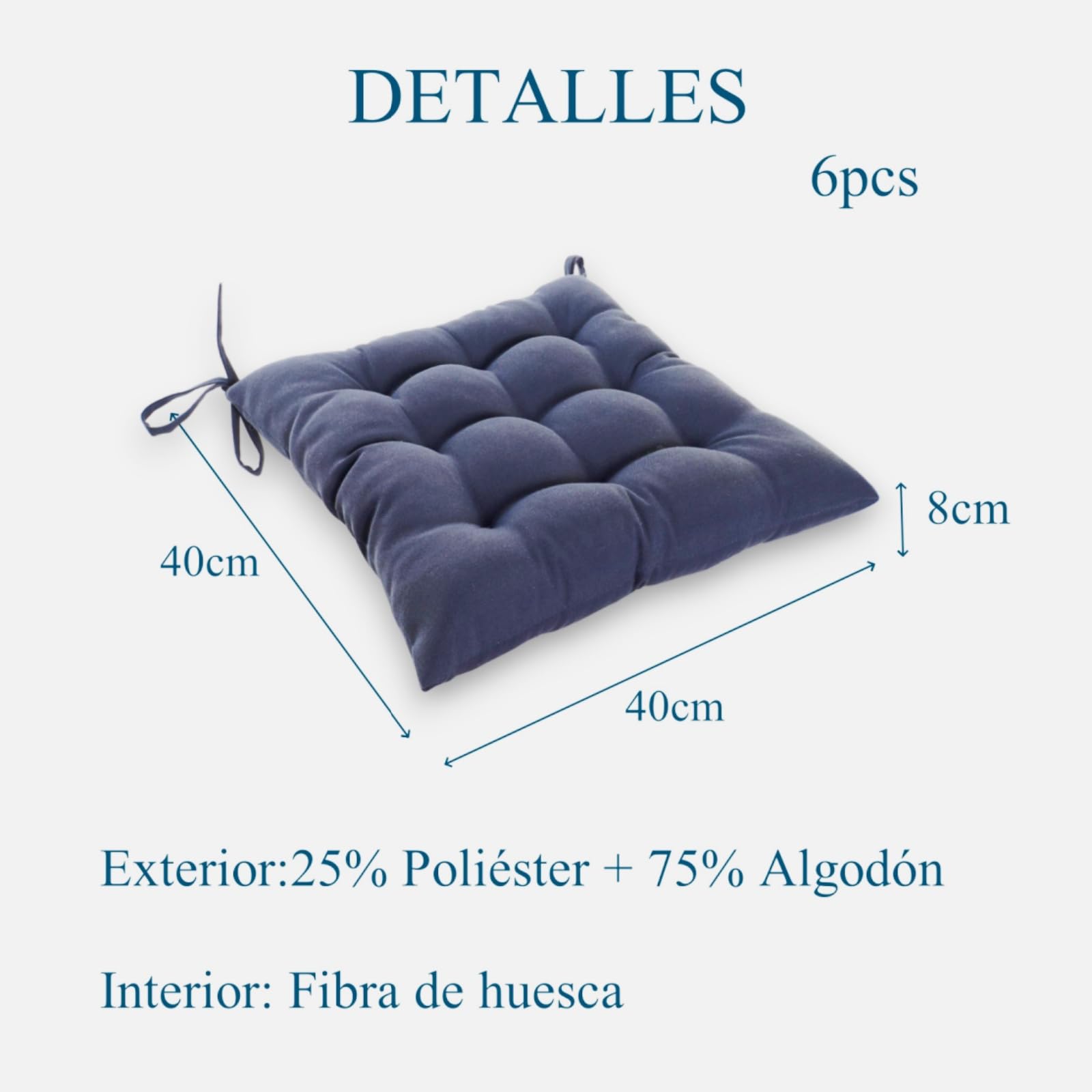 Super Mundo - Pack 6 Cojines para Sillas con Correas de sujeción, 40 x 40 x 8 cm, Ideal para decoración jardín Interiores y Exteriores (6 Pack, Azul Marino)