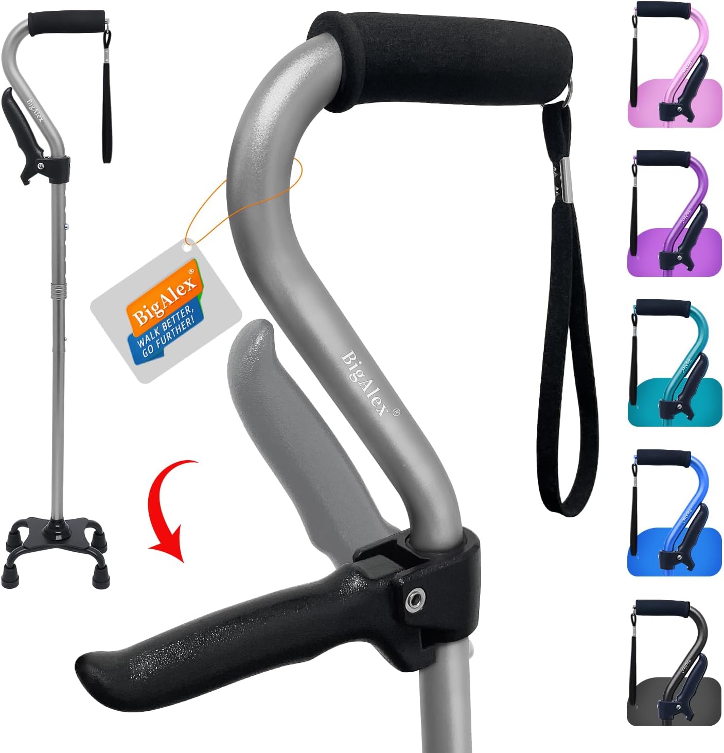 BigAlexWalking Cane, Adjustable Quad Cane with 4-Pronged Base for Elderly, Collapsible Walking Stick with Lift Handle, Canes with Foam Padding Grip for Men Women and Seniors