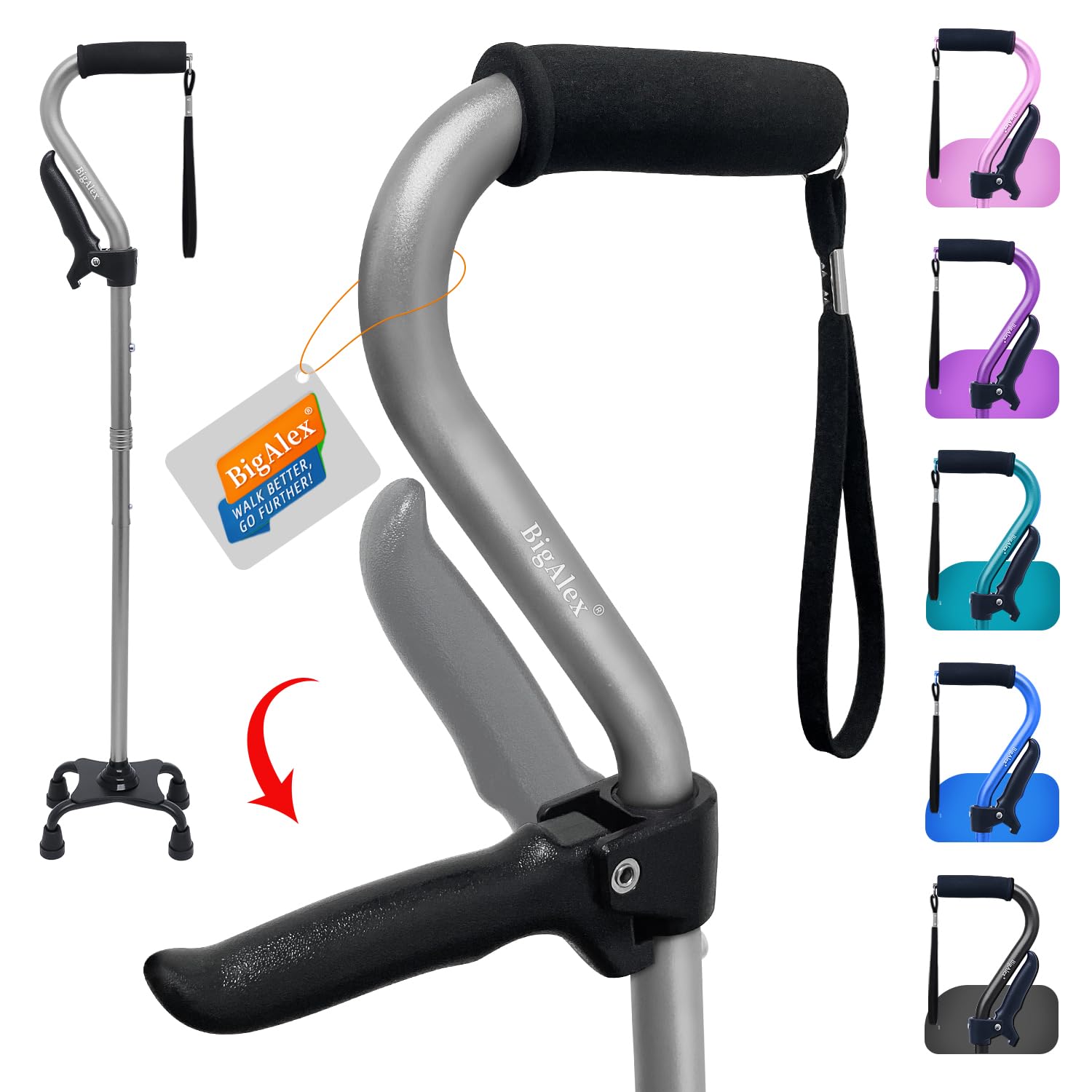 BigAlexWalking Cane, Adjustable Quad Cane with 4-Pronged Base for Elderly, Collapsible Walking Stick with Lift Handle, Canes with Foam Padding Grip for Men Women and Seniors