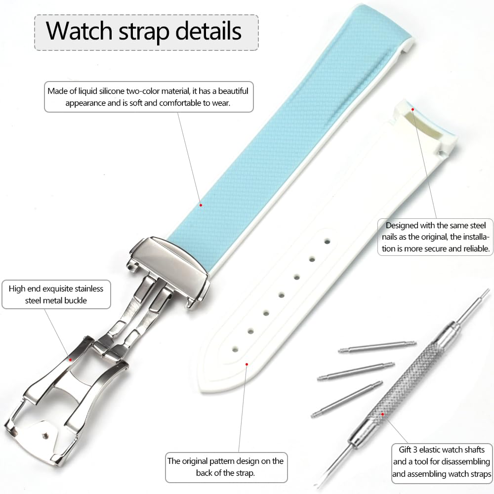 Feyert 20mm Curved End Rubber Strap Compatible with Omega Watch Replacement Band Men Women (Skyblue white)