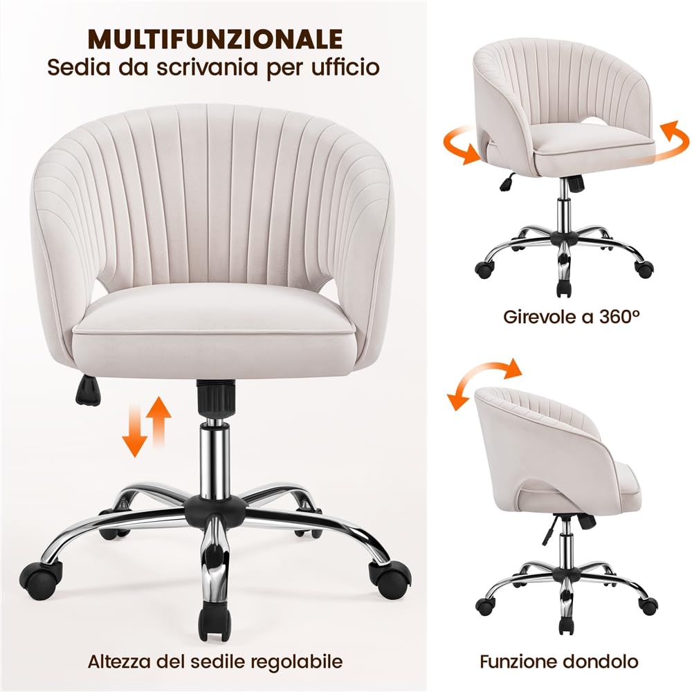 Yaheetech Poltroncina/Sedia da Ufficio Scrivania Ergonomica in Velluto Imbottita a Rotelle Girevole Reclinabile Altezza Regolabile Crema