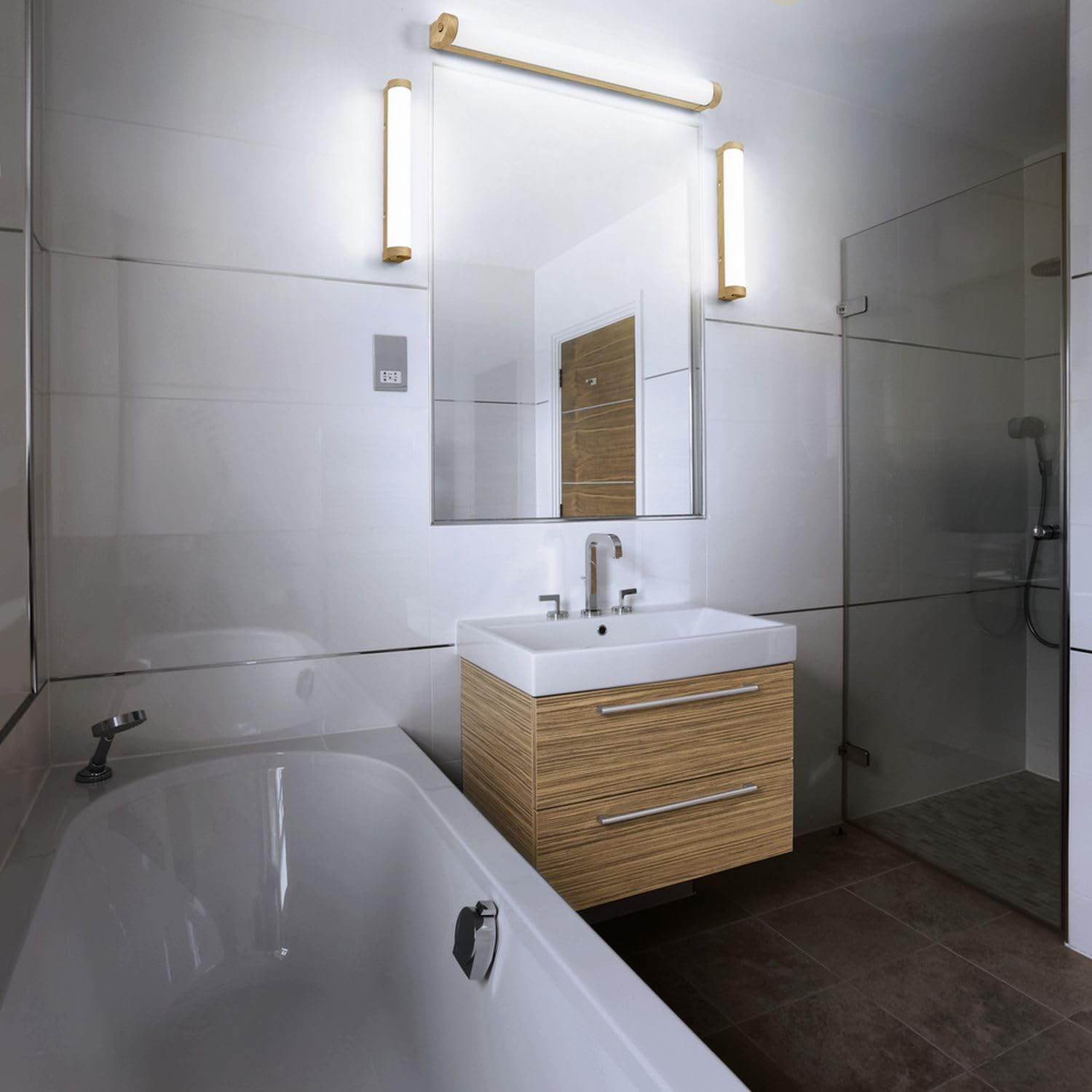 Licht-Erlebnisse LED Wandleuchte Aluminium Metall Holz 3000-4000 K IP44 CCT dimmbar modern gemütlich Bad WC Spiegel L:60 cm Wandlampe Wohnzimmer