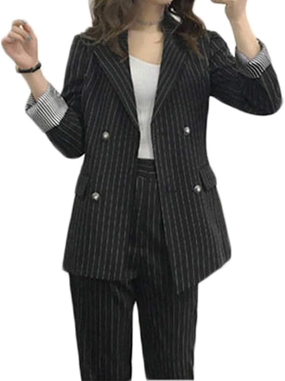 Amazon レディース スーツ パンツ セット 二点セット 折り襟 長袖 Ol スリム 春 秋 就活 通勤 ビジネス用 面接 小さいサイズ ストライプ パンツスーツ 通販