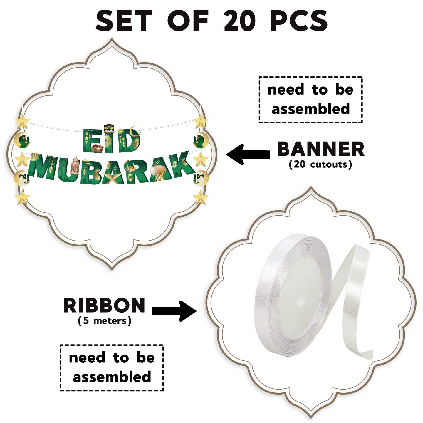 Ramadan Mubarak Banner – Gold Glitter Eco-Friendly Paper, 19.35x25.81cm, DIY String For Eid Parties