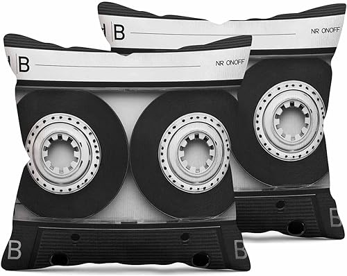Juego de 2 fundas de almohada de poliéster de 18 x 18 pulgadas con cinta musical de casete retro para sala de estar y sofá
