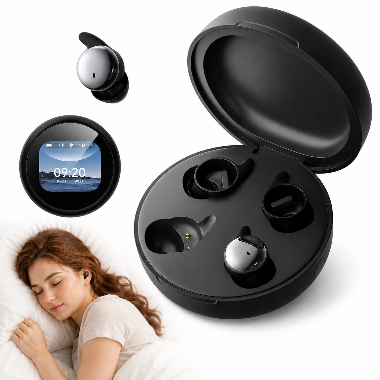 NE90 Schlafkopfhörer für Seitenschläfer, Mini Bluetooth 6.0 Kopfhörer zum Schlafen mit Smart-Touchscreen-Case, Sleep-Timer, Dual-Bluetooth, 18 Std. Akku, KI-Übersetzung in 160+ Sprachen