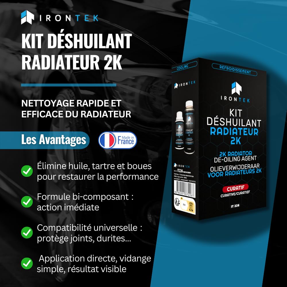 Déshuilant Radiateur 2K Curatif 2x150ml - IRONTEK | IT226 | Bi-Composant | Élimine Huile Boues Tartre | sans Démontage | Nettoyage Complet Système Refroidissement