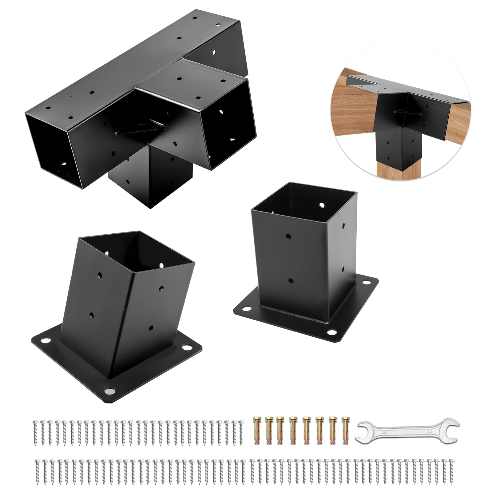 Photo 1 of TOPTGO 3 PCS Pergola Brackets Kit,15° 4-Way Slanted Roof Pergola Bracket Set 4x4 (Actual: 3.5x3.5 in),Angle Corner Bracket with Post Base for Wooden Beams Lumber Gazebos Patio Pergola Sheds