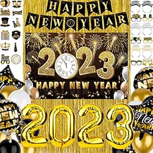ADXCO 74 Pieces 2023 New Years Eve Party Decorations Include Backdrop, Balloons, Gold Fringe Curtain, Banner, Glasses…