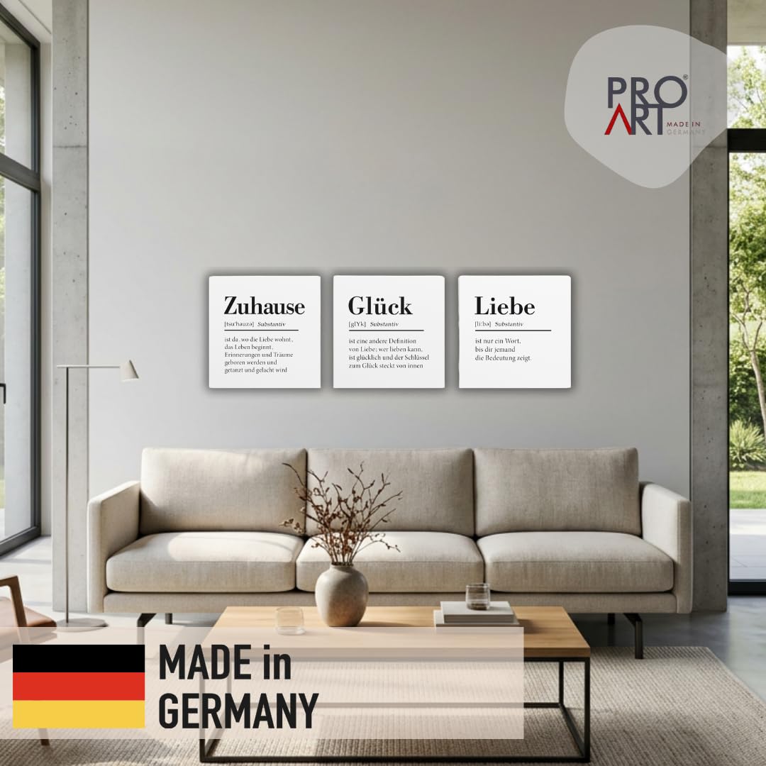 Pro-Art Leinwand 3er Set Bilder Zuhause Glück Liebe quadratisch 27x27 cm Bild Wohnzimmer Bild modern Deko Küche Wandbilder Schlafzimmer
