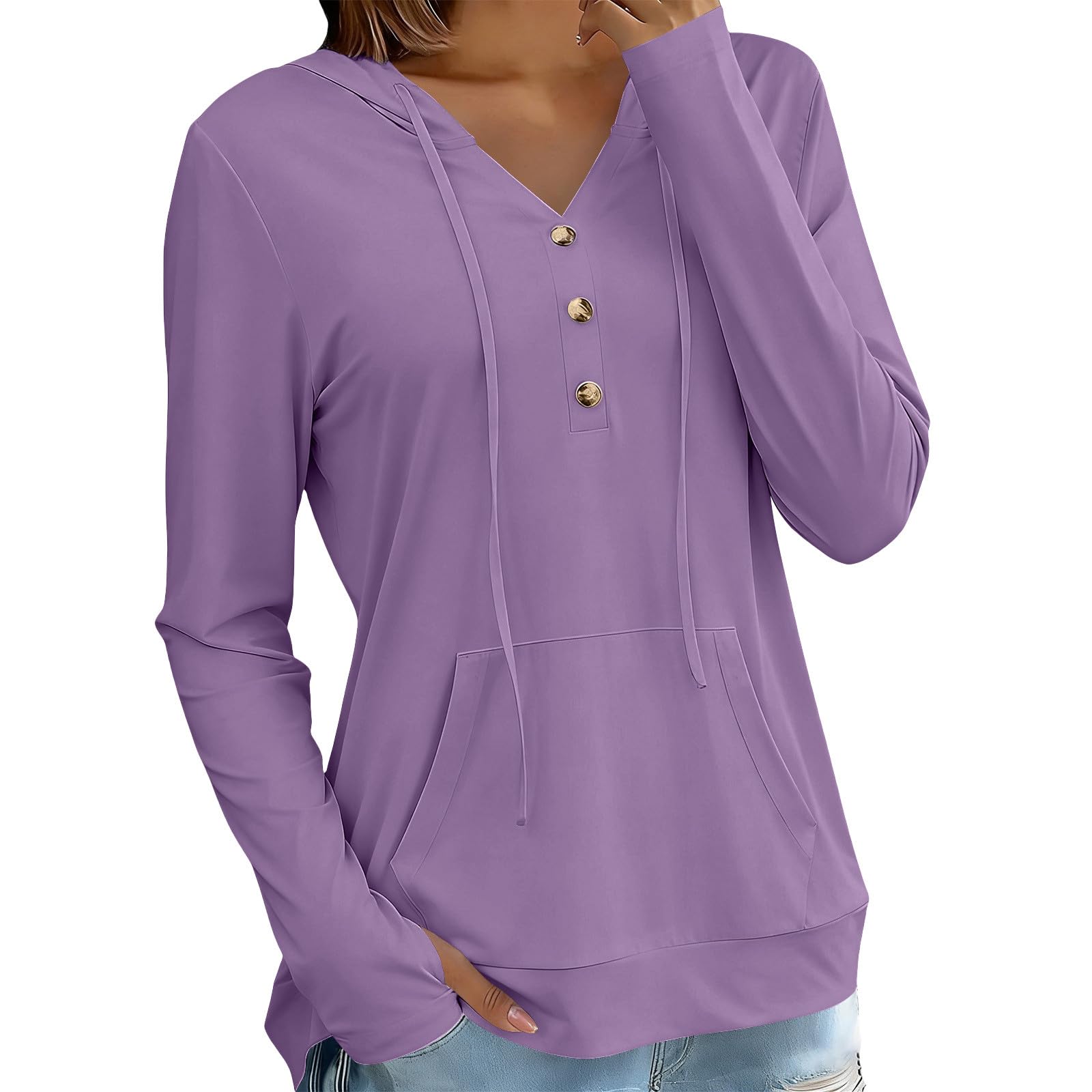 Sonnenschutz Hoodie Damen Sommer Dünne Sweatshirt mit Kapuze Knöpfe V-Ausschnitt Kapuzenpullover Schnelltrocknend Langarmshirt Locker Hoody Oberteile Leichte Langarm Sportshirt Casual Strand Top