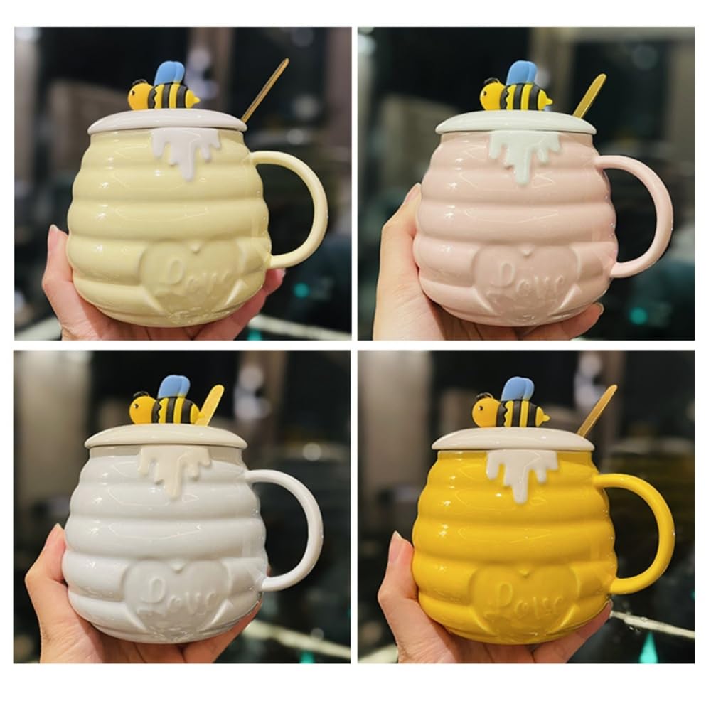 Kubek do kawy pszczół, 400 ml, z pokrywką i łyżeczką, słodki kubek ceramiczny z motywem pszczół, do kawy, kakao, herbaty dla kobiet i dziewcząt (zestaw 4 szt., różowy)