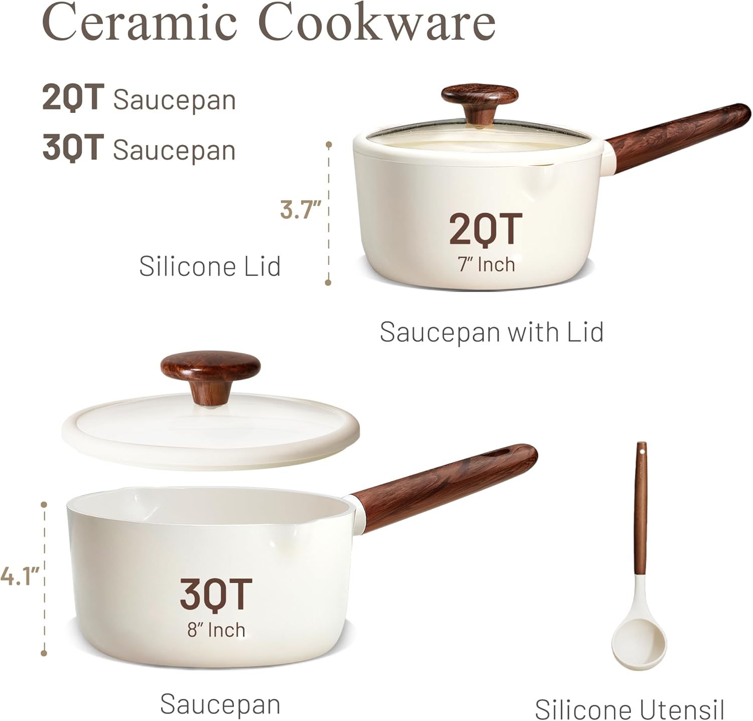CAROTE 2QT & 3QT Sauce Pan Sets with Lid & Ladle Ceramic Nonstick Pot Set Non Toxic Saucepan Small Kitchen Cooking Pots, Easy to Clean, Induction Comptable, PFAS PTFE Free, White