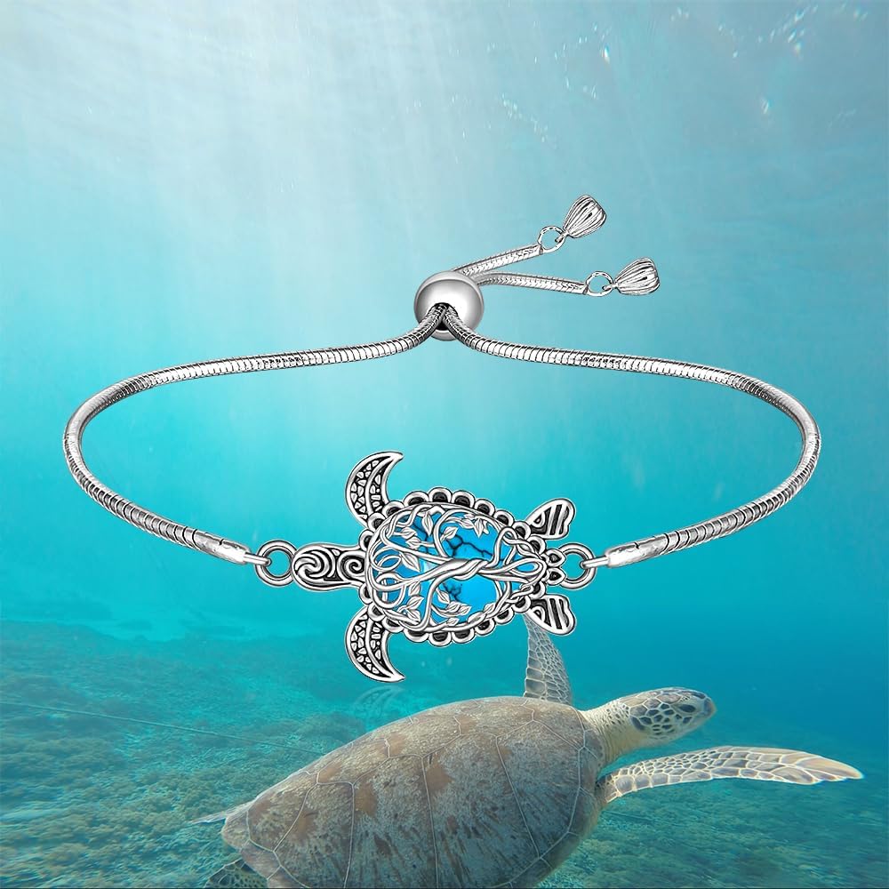 Turtle Bracelet Turquoise Tree of Life Sea Turtle Bracelet for Women Sterling Silver Adjustable Turquoise Jewelry Christmas Birthday Gifts - Image 6