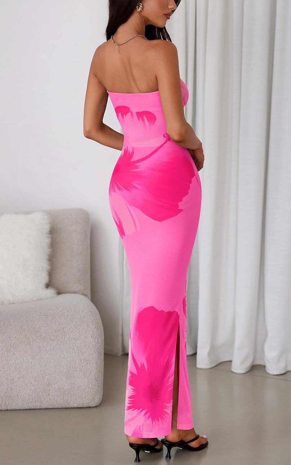 PRETTYGARDEN Strapless Bodycon Summer Dresses for Women 2026 Floral Mesh Tube Top Long Party Cocktail Dress Slit Side - Image 5