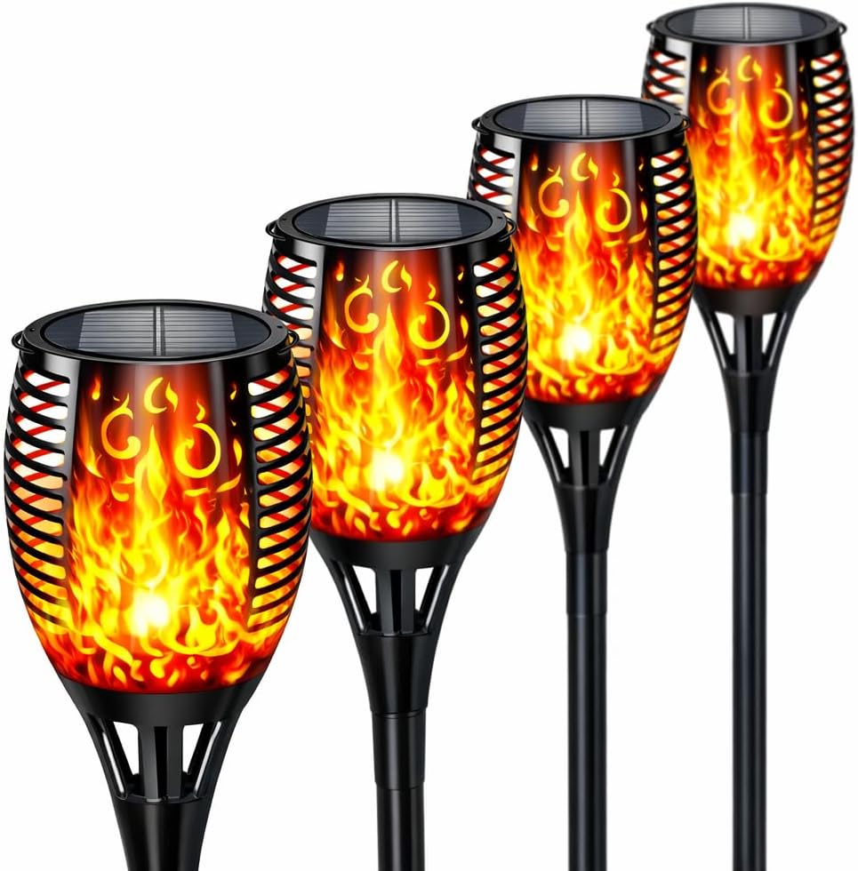 Solar Torch Lights with Flickering Flames, IP65 Waterproof, Auto Dusk to Dawn, Outdoor Garden Pathway Landscape Decor, 4 Pack