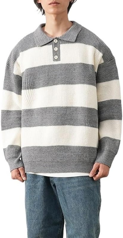 Mens Polo Collar Sweater Striped Color Block Loose Fit Lazy Style Trendy Casual Knitted Sweaters