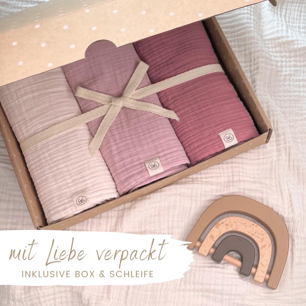 DIKOS® Baby Mulltücher 3er Premium Set – 64x64cm – weiche & saugstarke Spucktücher aus Bio-Baumwolle (GOTS, Oeko-TEX) – Musselintücher in Creme, Altrosa & Beere – Geschenk für Baby Mädchen zur Geburt