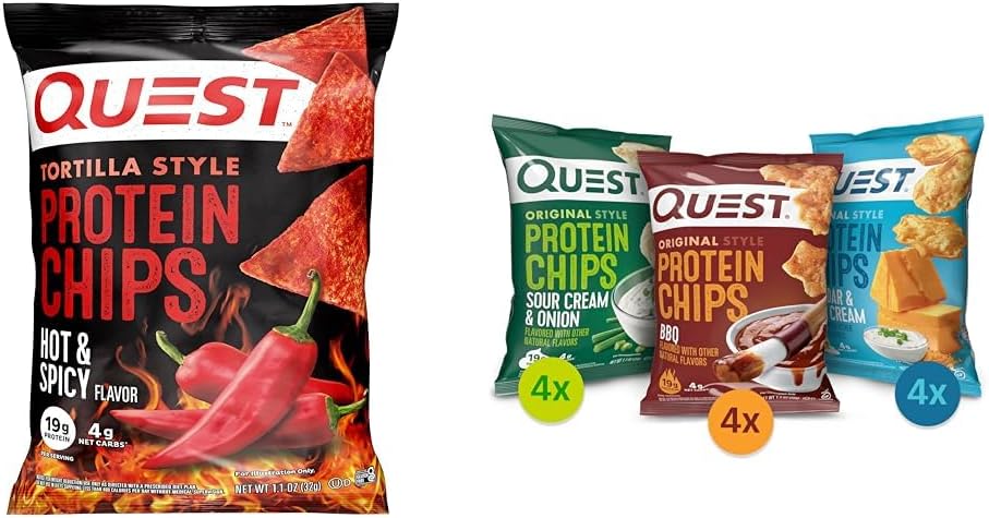 Quest Nutrition Tortilla Style Protein Chips, Hot & Spicy, 19g of Protein, 4g Net Carbs & Protein Chips Variety Pack, (BBQ, Cheddar & Sour Cream, Sour Cream & Onion)