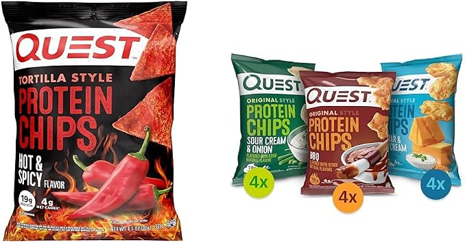 Quest Nutrition Tortilla Style Protein Chips, Hot & Spicy, 19g of Protein, 4g Net Carbs & Protein Chips Variety Pack, BBQ, Cheddar & Sour Cream, Sour Cream & Onion