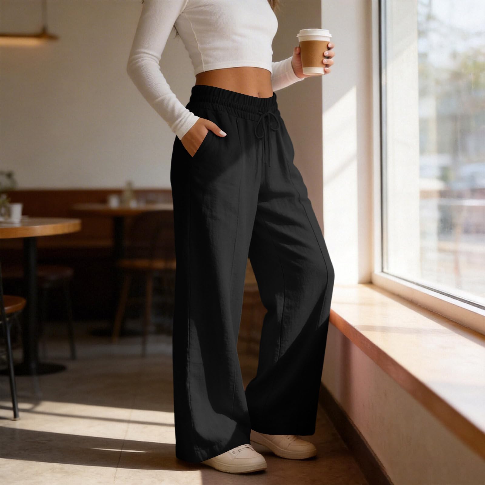 EMATOP Leinenhose Damen Lang Leicht Sommerhose Casual Musselin Hosen Elegant Baumwolle Leinen Stoffhose Einfarbig Bequem Freizeithose mit Taschen Strandhose Sommer Weite Bein Palazzo Sporthose - 2