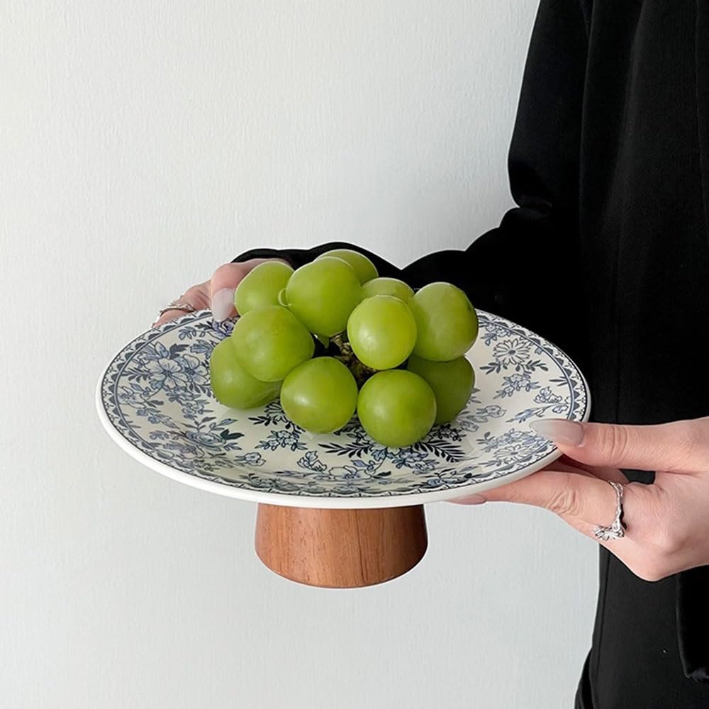 corbeille de fruits Coupe à fruits décorative sur pied en céramique avec base bois, ornée de motifs floraux