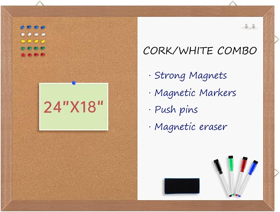 Combination Magnetic Whiteboard Cork Bulletin Board, 24" X 18“ Combo Dry Erase White Board Cork Pin Board for Wall with Natural Wood Frame…