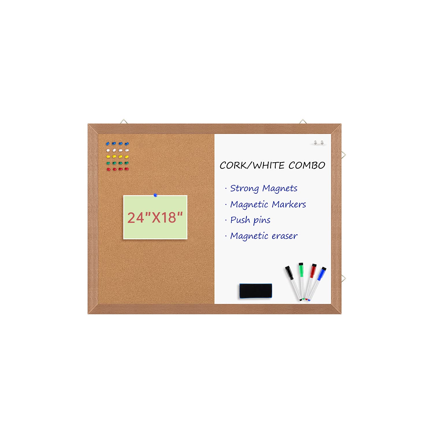 Pizarra magnética de corcho para pizarra blanca, 24 "x 18", pizarra blanca combinada de borrado en seco, tablero de corcho para pared con marco de madera natural