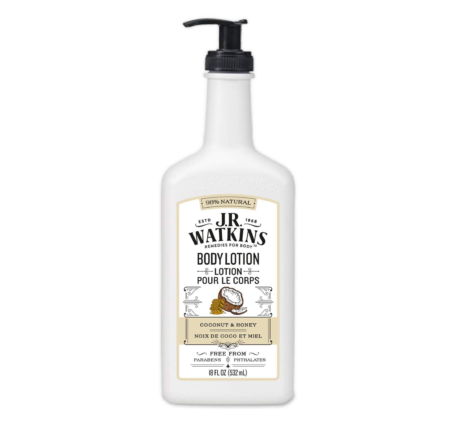 J.R. Watkins Daily Moisturizing Lotion – Body Cream in Pump Dispenser – Hydrating Skin Cream Made with Shea Butter, Cocoa Butter, Coconut Oil & Vitamin E, Coconut Milk & Honey, 18 fl oz