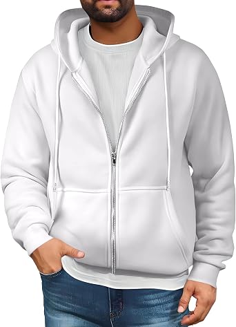 Full Zip Up Hoodie Men Pockets Long Sleeve Pullover Hoodie Casual Drop Shoulder Lightweight Oversized Fall Winter Clothes Classic Fleece Lined Workout Vintage Soft Big and Tall Hoodies