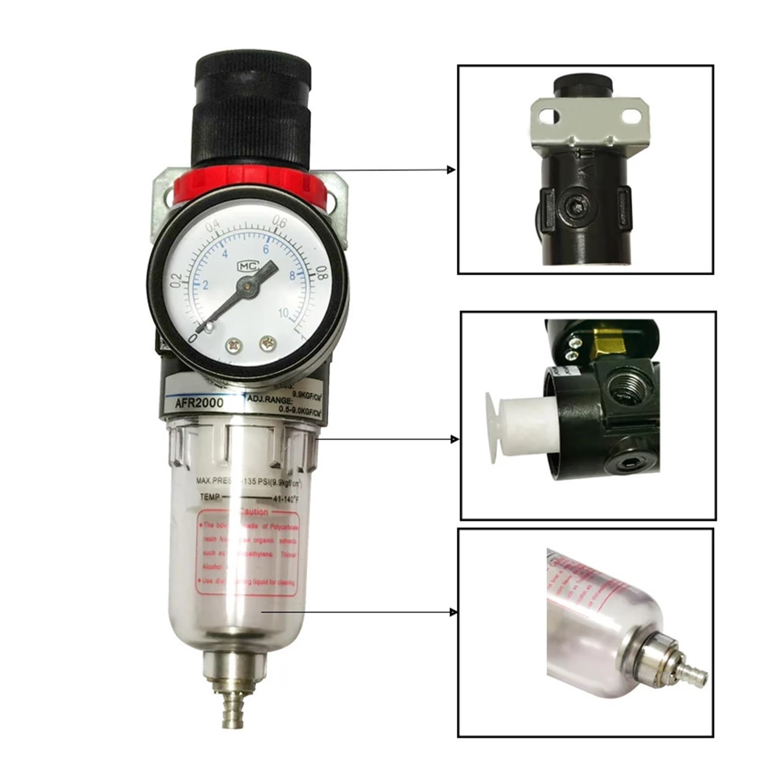 AFR2000 PT1/10.2 cm Regulador de presión de gas separador de aceite agua filtro pistola pulverizadora compresor separador de agua (con accesorios de 12 mm)