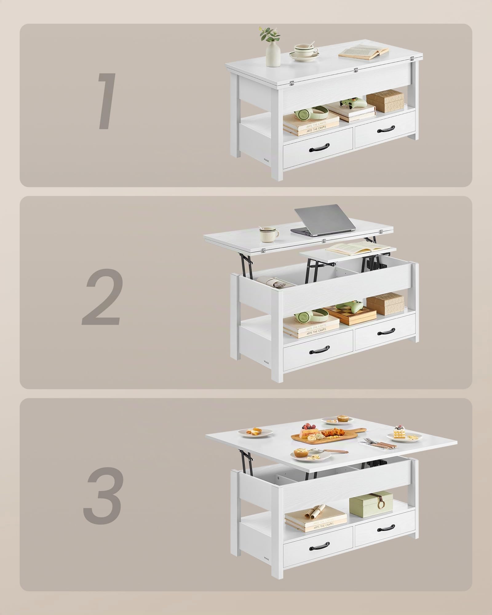 VASAGLE Mesa de Centro, Regulable en Altura, con Pistón de Gas, 2 Cajones y 3 Compartimentos Bajo el Tablero, Mesa de Café con 1 Compartimento Abierto, para Salón o Estudio, Blanco Nieve LCT254W02