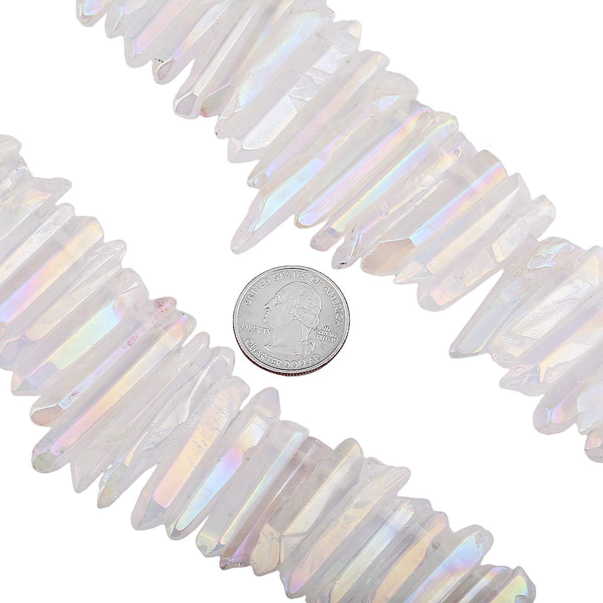 Nupuyai Natural Rock Crystal Quartz Points for Jewelry Making, Titanium Coated Aura Crystal Top Drilled Graduated Spike Stone Beads 15" Full Strand - Image 4