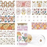 Rngmsi UV DTF Cup Wrap - 14 Sheets Boho UV DTF Cup Wraps for 16 oz Glass Cups Rainbow Uvdtf Cup Wraps Flower Mushroom UV DTF Wrap Butterfly Floral UV DTF Cup Topper Stickers for Cup Lids Wood Crafts