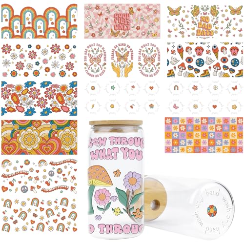 Rngmsi UV DTF Cup Wrap - 14 Sheets Boho UV DTF Cup Wraps for 16 oz Glass Cups Rainbow Uvdtf Cup Wraps Flower Mushroom UV DTF Wrap Butterfly Floral UV DTF Cup Topper Stickers for Cup Lids Wood Crafts