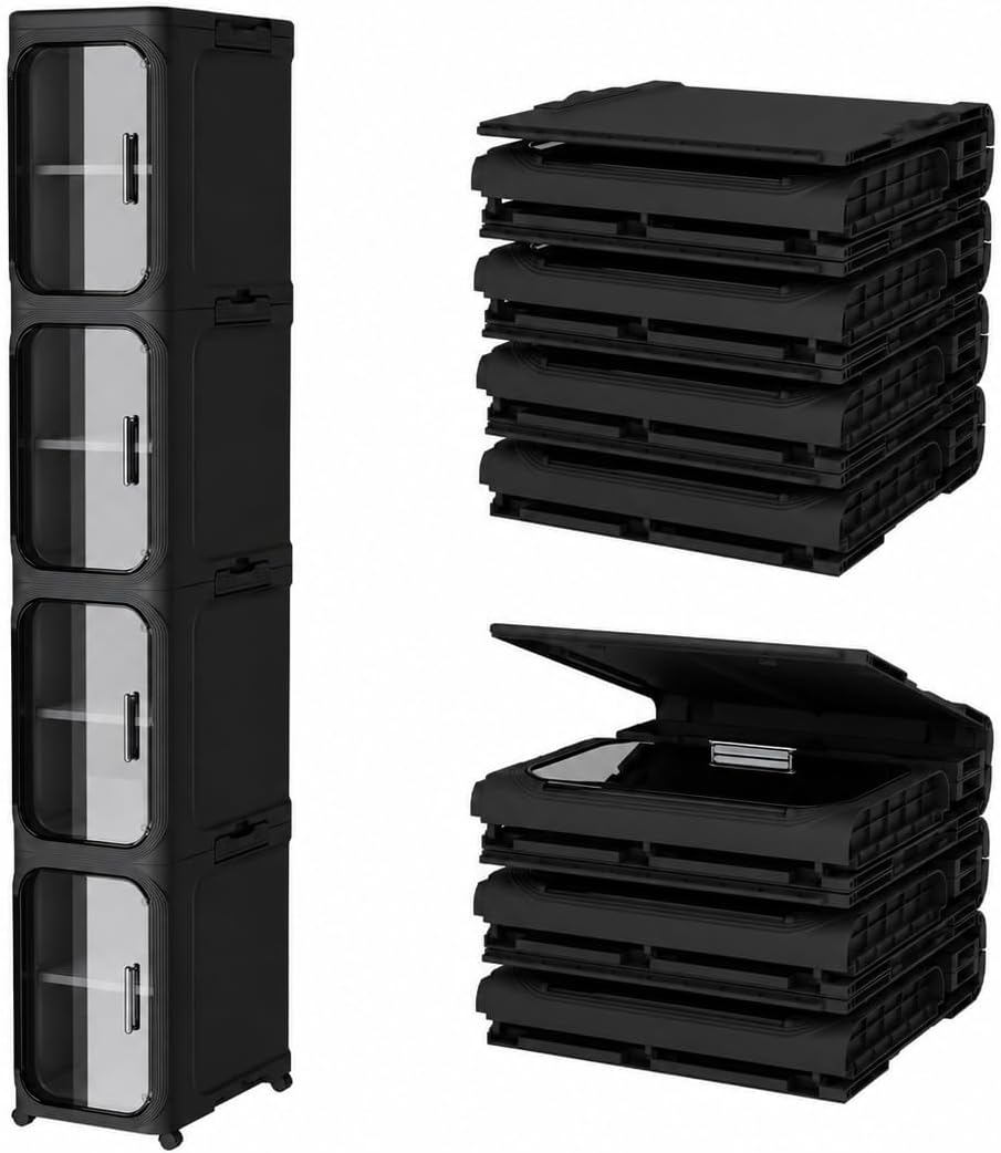 Slim Narrow Storage Bathroom Cabinet, Adjustable Foldable Wheeled, Black 4T