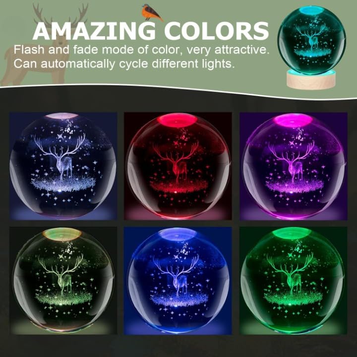 Image of STARKENDY 3D Deer Crystal Ball LED Night Lamp, Creative Engraved Night Light Wooden Base, Warm White Decorative Table Lamp for Home, Office, Bedroom, Birthday Gift ((Multicolour) with Remote)