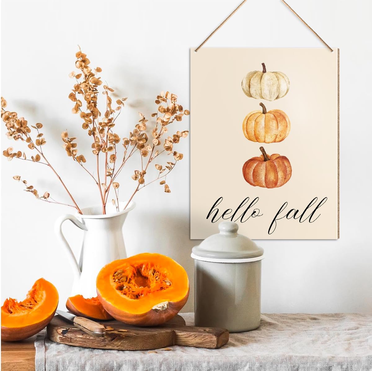 UDNADKEX Hello Fall Decorations Hanging Sign, Autumn Fall Decor Rustic Watercolour Pumpkin Wooden Wall Sign Thanksgiving Decorations