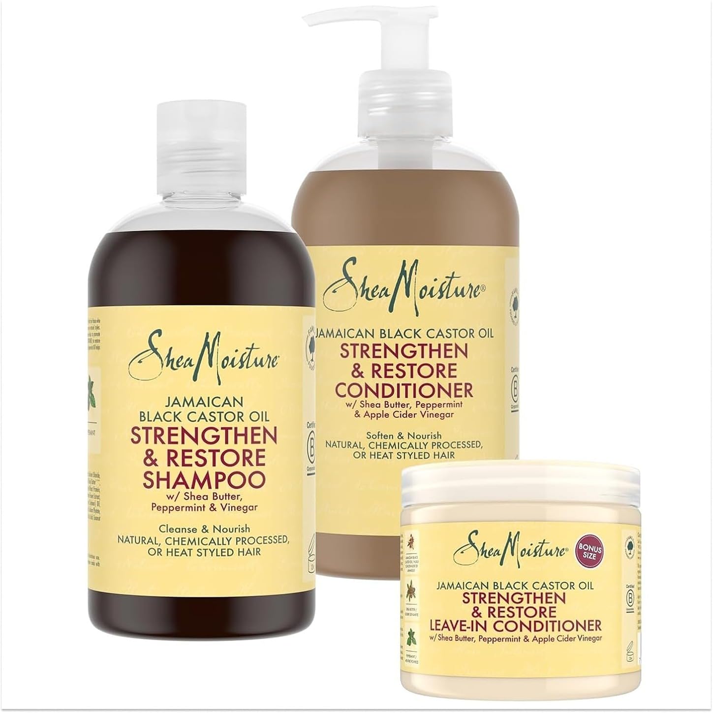 SheaMoisture Set - Huile de Ricin Noir de Jamaïque Shampooing 1 x 384 ml, Après-shampooing 1 x 384 ml, Après-shampooing sans rinçage 1 x 431 ml