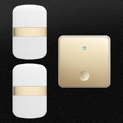 Self-Powered Wireless Doorbell Kit - IP68 Waterproof, Cordless with 2 Receivers, 60 Chimes, 5 Volume Levels (0-120dB), LED Light - Ideal for Home & Classroom, Gold Finish