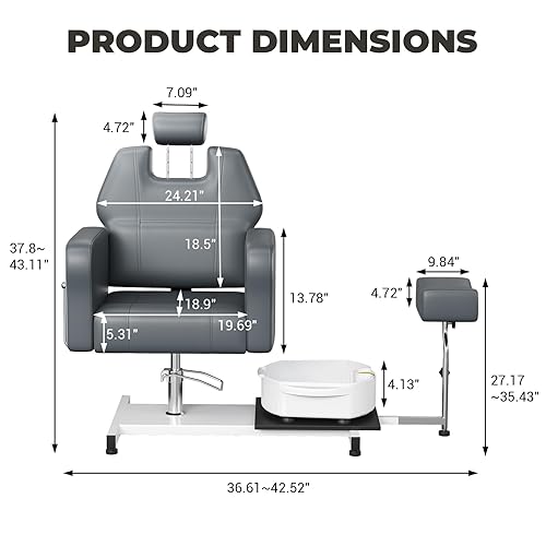 Miniatura 3 de Silla de pedicura reclinable con taburete, reposapiés y lavabo de masaje para pies, estación de unidad de pedicura ajustable en altura, silla de