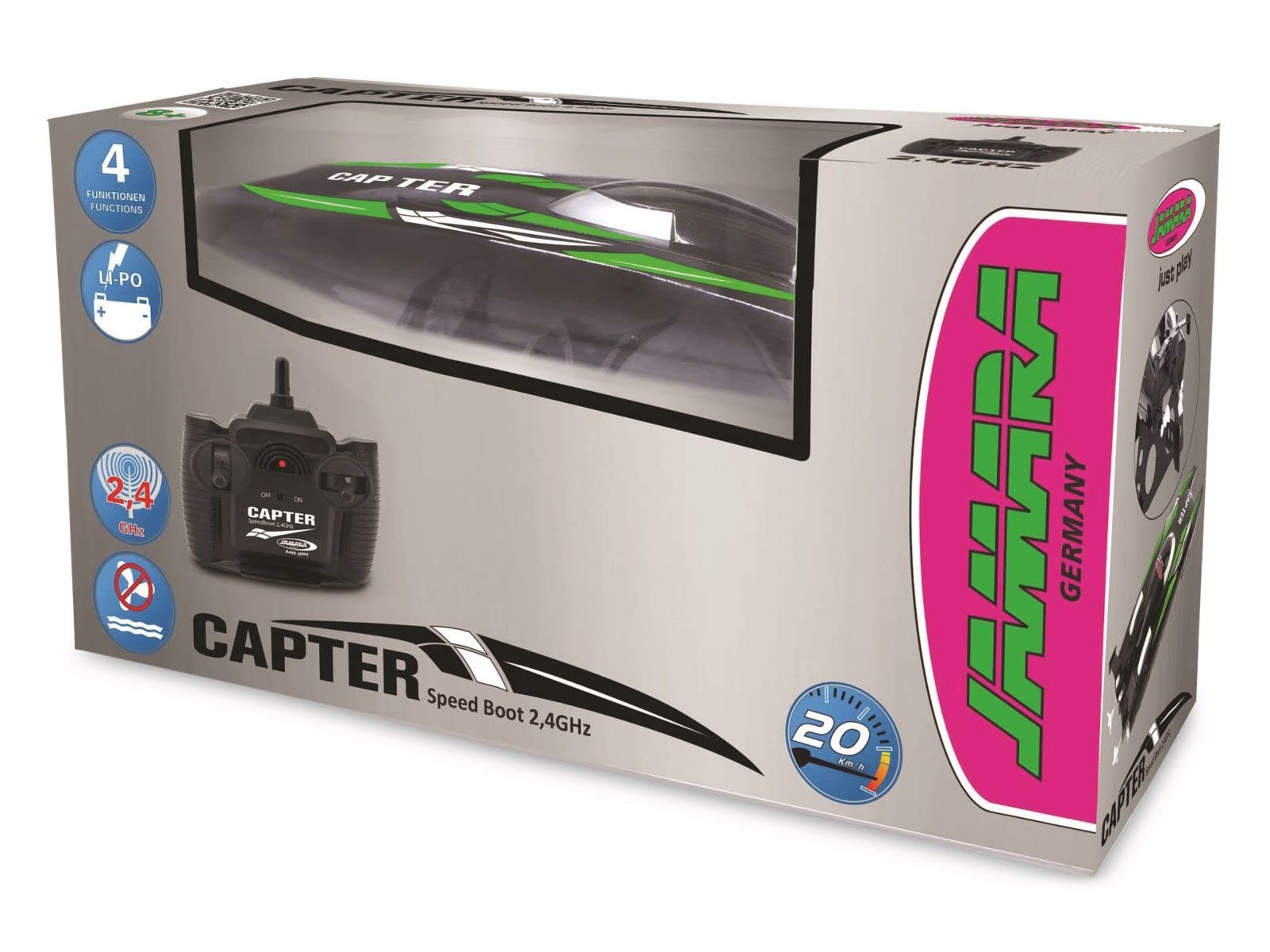 JAMARA 410139 - Capter Speedboot 2,4 GHz - ca. 20 Km/h, 2 Antriebsmotoren, Sicherheitsfunktion, Gleiterrumpf für hohe Geschwindigkeiten, zusätzliche Dichtung im Deckel Schwarz/Grün