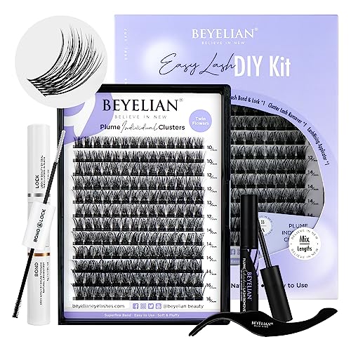 BEYELIAN Pestañas Postizas Cluster Lashes Kit with 144 Pcs D+ Lash Clusters Lash Bond and Seal Lash Remover and Eyelash Applicator for Beginner DIY at Home (Style3 0.07 Mix Clear Band)