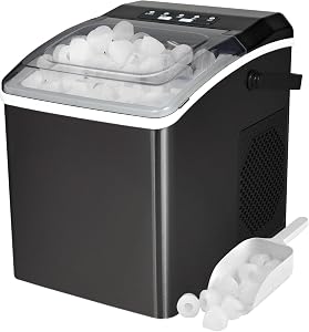 Koolatron Countertop Ice Maker – Machine à glaçons Domestique, Nugget Ice Maker Makes 9 Pebble in 6 Mins, Portable Self‑Cleaning Ice Machine, 26 Lbs/Day, Stainless Steel Black