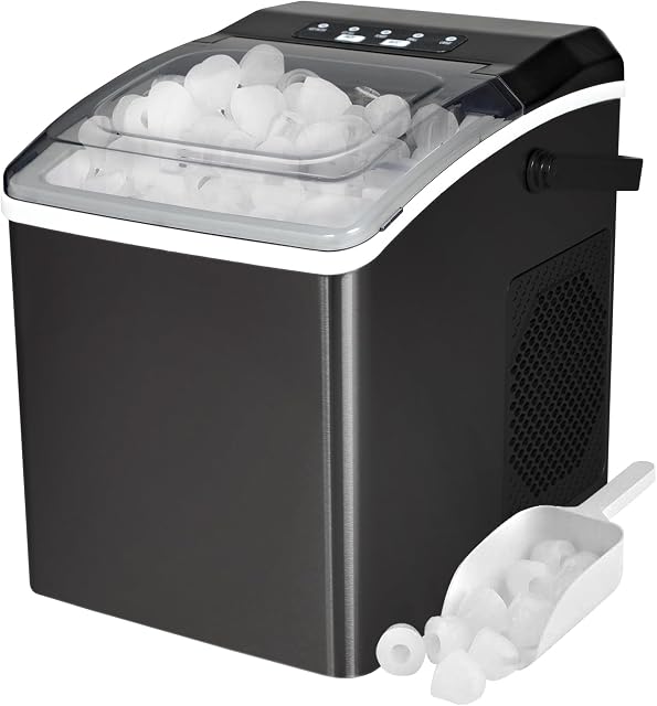 Koolatron Machine à glaçons de comptoir – Machine à glaçons Domestique, Nugget Ice Maker 9 Pébilles 6 Mins, machine à glace auto-nettoyante portable, 26 Lb/jour, acier inoxydable noir