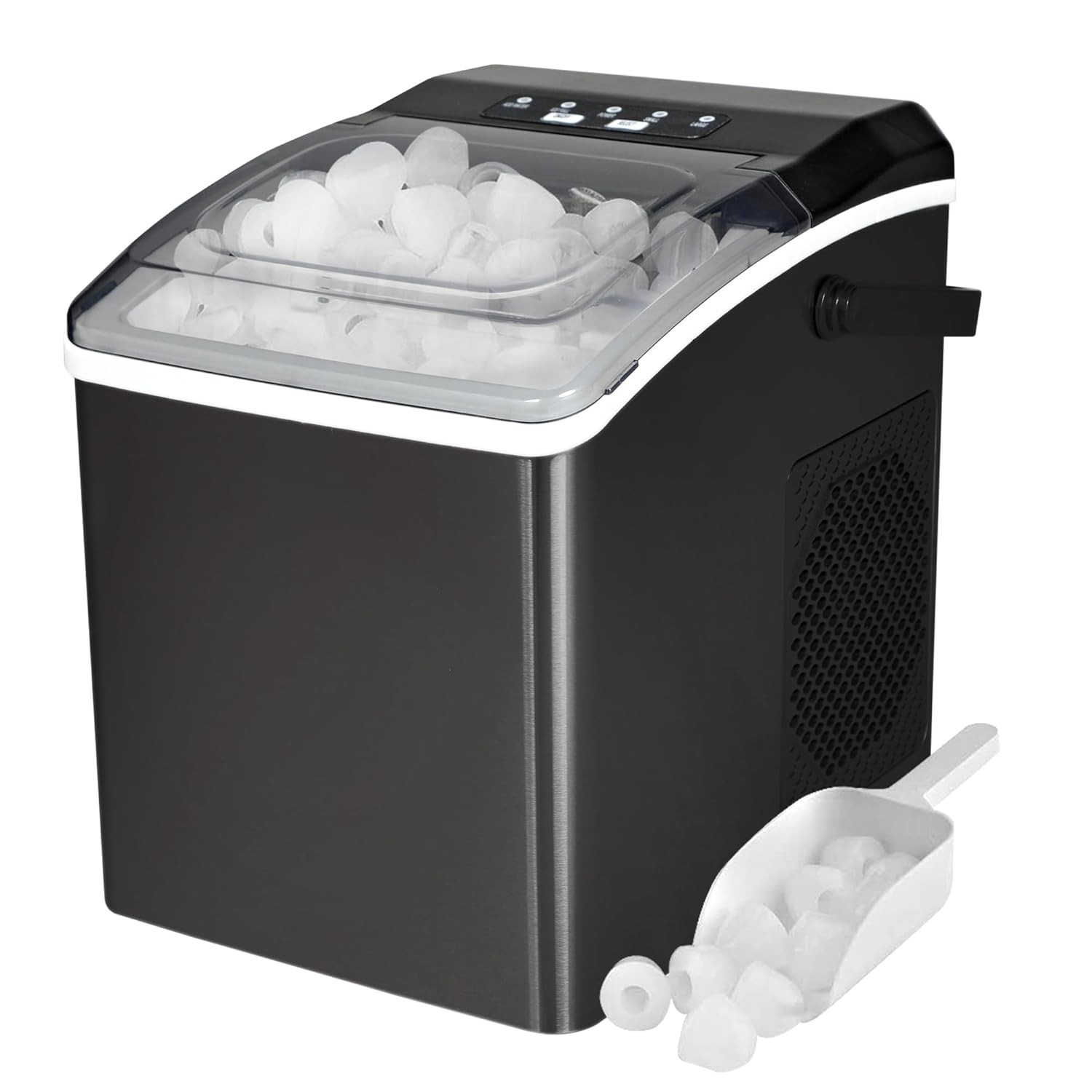 Koolatron Countertop Ice Maker - Pellet Hielo Maquina, Serves 9 Pebble Ice Cubes in 6 mins, Crunchy Ice Nugget for Drinks, Self Cleaning Portable 26 Lbs/24Hrs Capacity, Stainless Steel Black