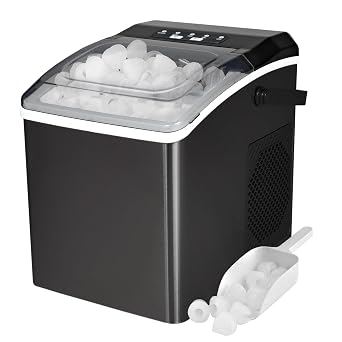 Koolatron Ice Makers Countertop Portable Ice Machine 2 Sizes Bullet Ice Cubes Ready in 6 Mins 26.5lbs/Day with Ice Scoop and Basket Digital Controls LED Indicators for Parties/Home/Office/Bar, Black