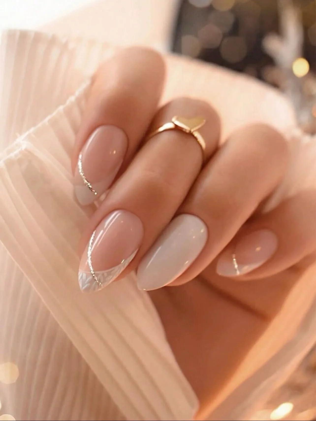 Nakhi 24 Reusable Artificial Fake Nail Set | Base Peach colour with white Design Glossy Nails | Lightweight & Long Lasting | Quick Fix For Festivals & Special Occasions-image-43