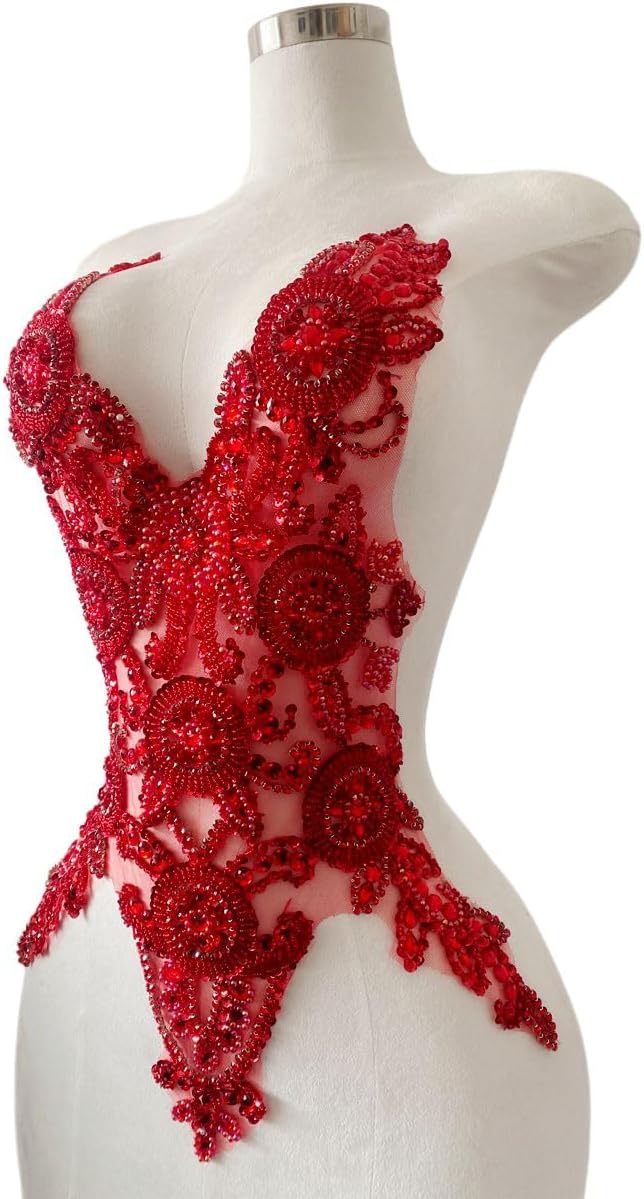 Pure Handmade Bodice lace Rhinestones Applique Sewing Stones Beads Crystal Trimming Patches Accessories for Girl Weding Dress Decorations 12.5X21inches (Red)